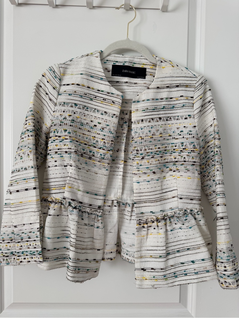 Zara Cream Tweed Peplum Open-Front Jacket with Multicolor Thread